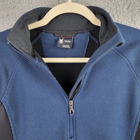 Spyder Waffle Fleece Quarter Zip Pullover Medium Blue Black Athletic Stretch Top - Picture 6 of 16